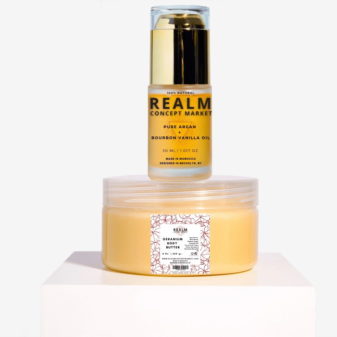 Geranium Body Butter & Bourbon Vanilla Argan Oil 30mL Bundle | Realm Concept Market - Realm Concept Market