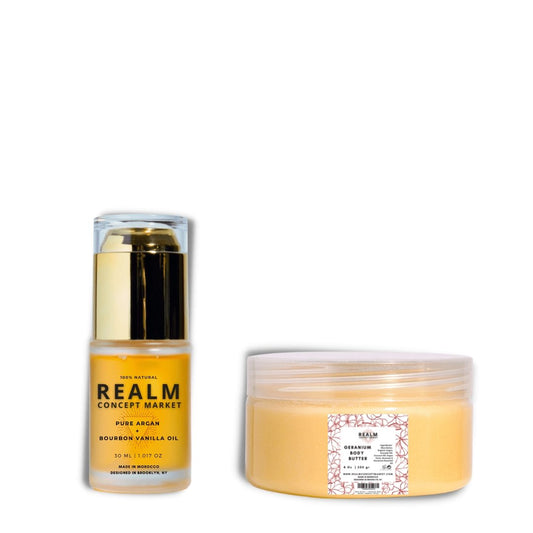 Geranium Body Butter & Bourbon Vanilla Argan Oil 30mL Bundle | Realm Concept Market - Realm Concept Market